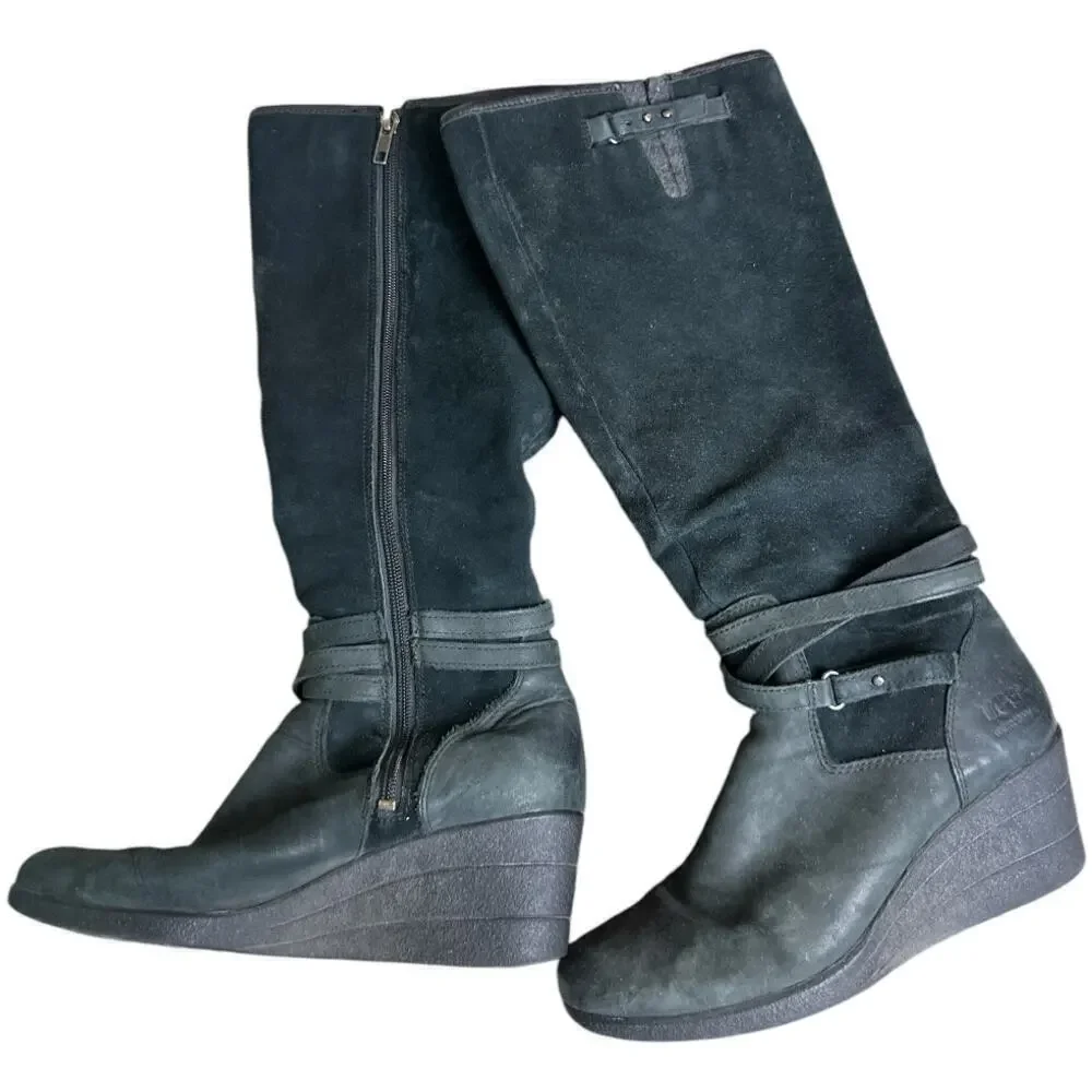 Ugg Black Wedge Knee High Waterproof Suede Boots Women's Size 8